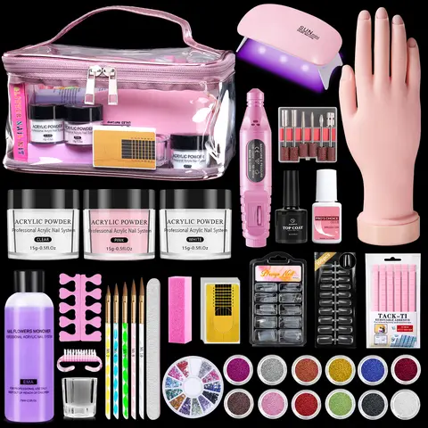 ROSIOUR Salon-Quality Acrylic Nail Kit - Beginner Cosmetic At-Home Manicure Gift Set with Pink Acrylic Powder, Crystal Rhinestones, Practice Hand, Colorblock Design, Glitter Gradient, Cosmetic Storage Bag (Ideal for Birthdays)