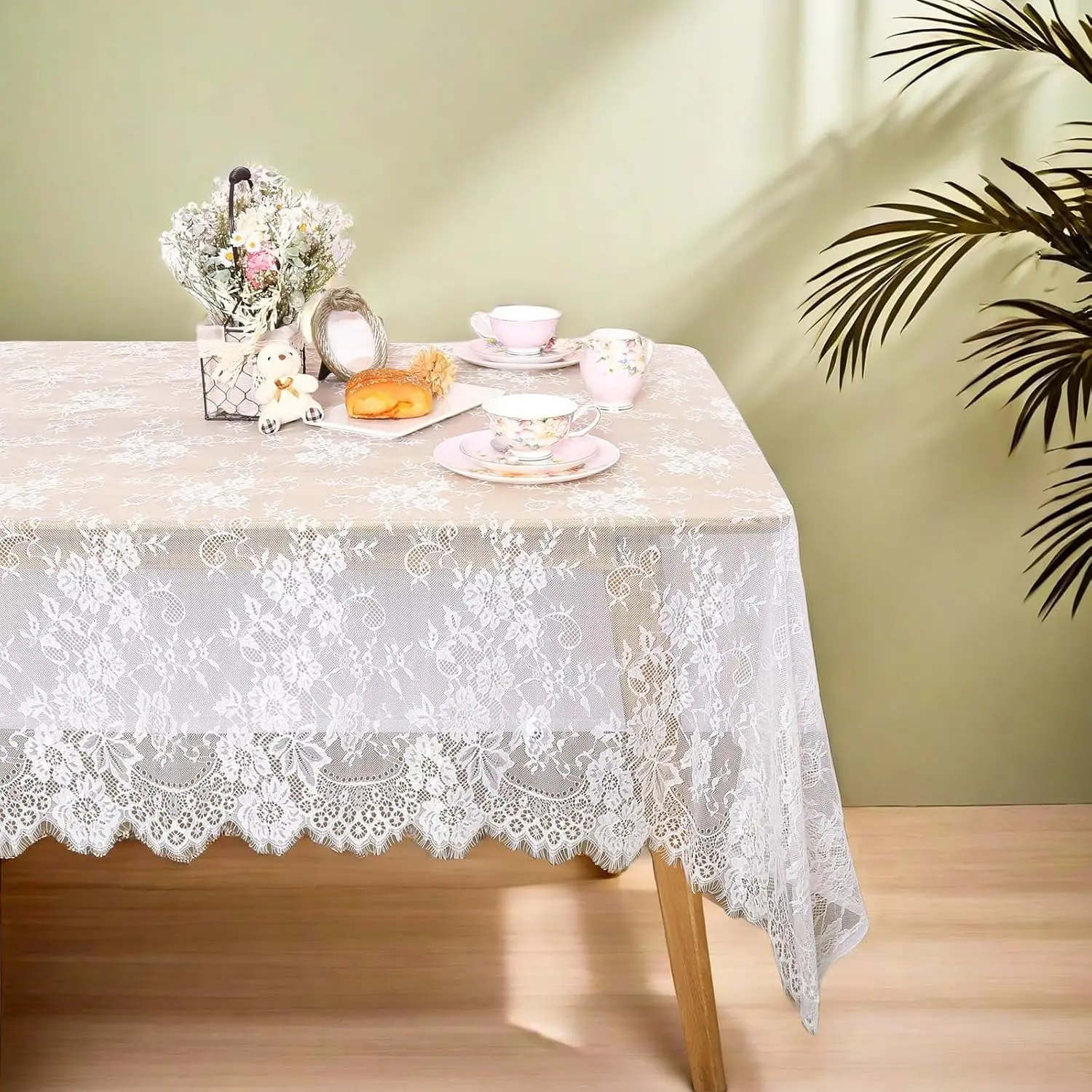 Pack of 2 QueenDream Lace Tablecloth Rectangular 60 x 120 Inch White Wedding Tablecloth Overlay Table Cover Lace Fabric for Bridal Baby Shower Tea Party Decorations