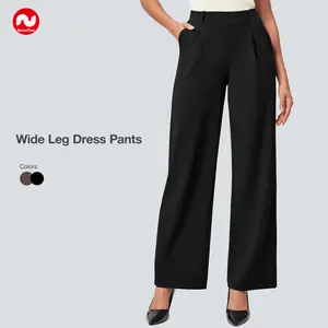 NunuFlex Women's Plus Size High-Waisted Stretchy Pull-On Wide Leg Trousers - Business Casual Work Bottoms with Pockets, Basic Fake Drawstring Pants, Trouser