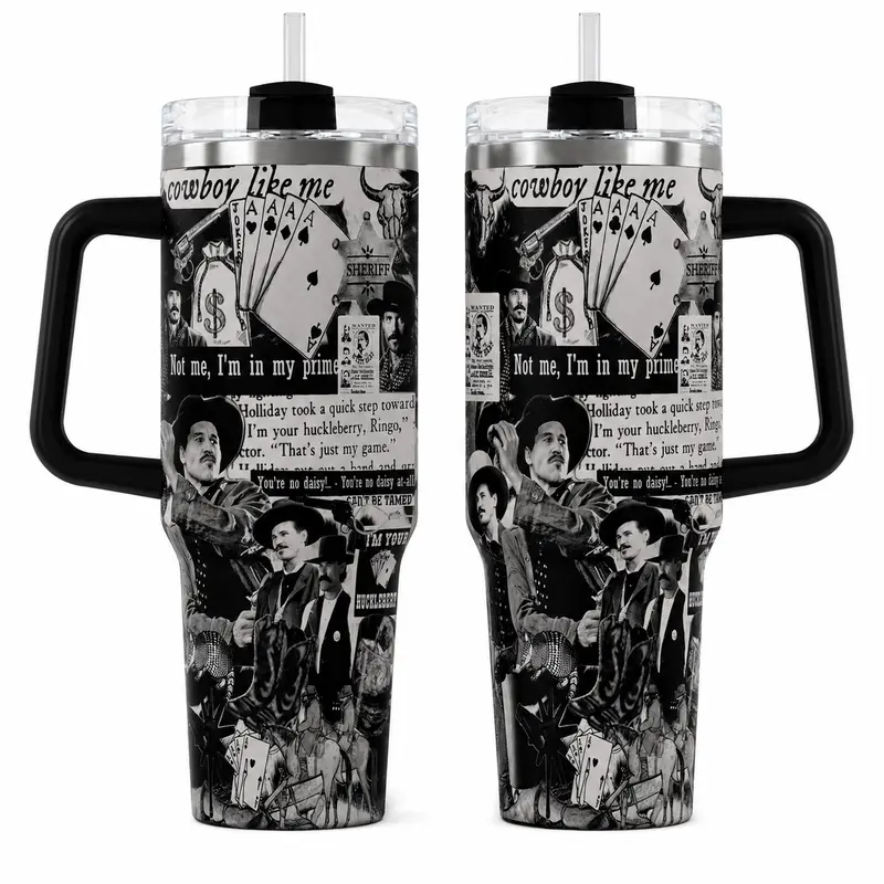 Doc Holliday Poker Tumbler - 40oz/30oz Stylish Classic Portable Western Movie Cowboy Travel Cup, Vintage Black White Outlaw Collage Drinkware with Handle, Huckleberry Cowboy Fan Gift Coffee Water Bottle for Men Women