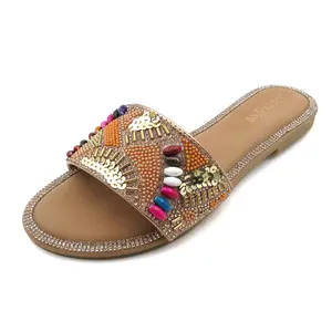 Women's  Sparkly Boho Beaded Sports Slide Sandals - Flat Rhinestone-Embellished Summer Slippers for Outdoor Use
