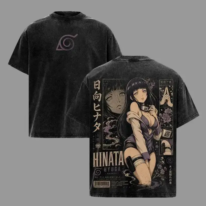 Men's Hinata Hyuga NRT Byakugan Anime Graphic T-Shirt - Oversize Round Neck Short-Sleeve Cotton Distressed Back-Print, 90s Vintage Naruto Streetwear Unisex Merch Crewneck Top, Shortsleeve, Premium Cotton, Relaxed