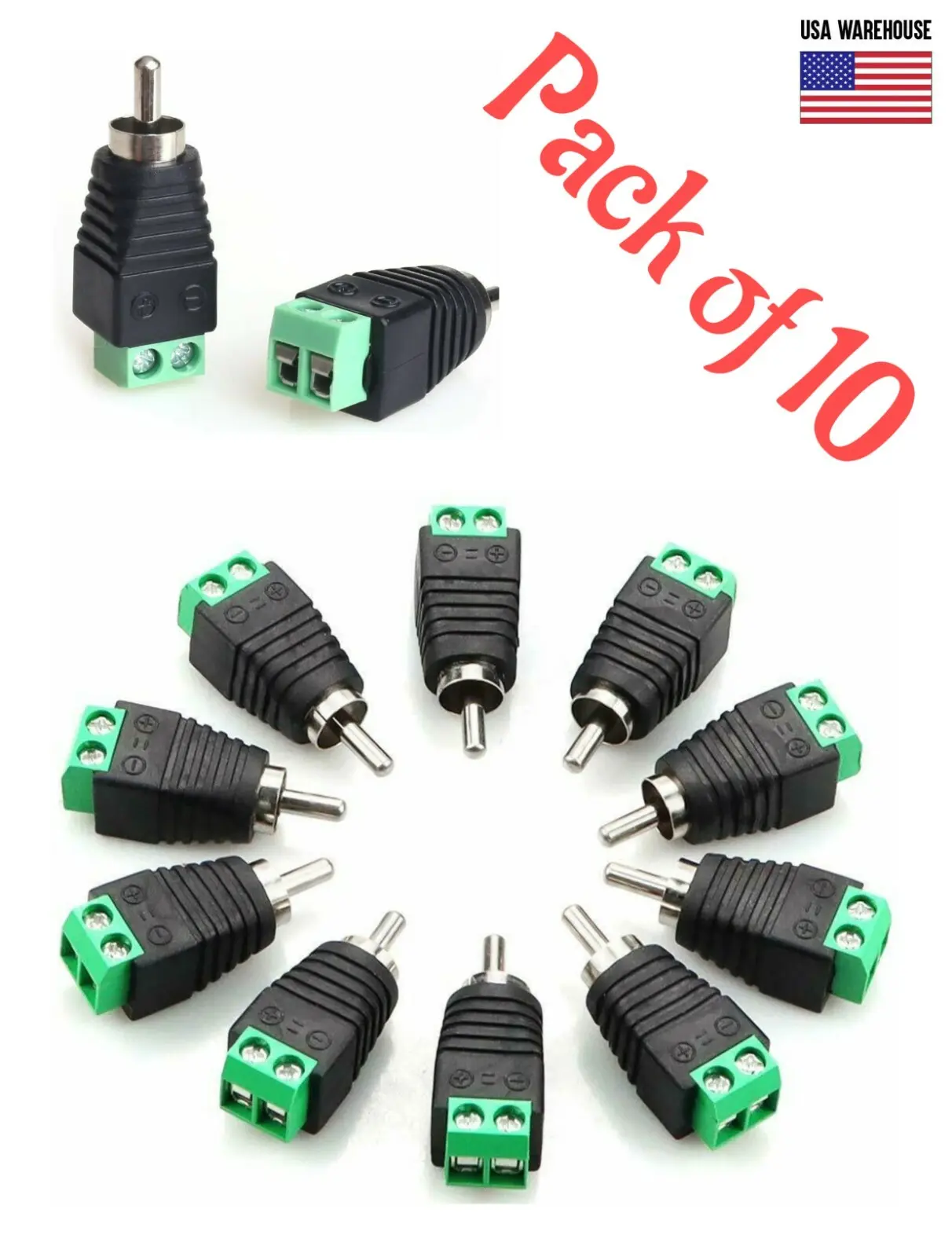 10Pcs Speaker Wire Cable to Audio RCA Male Connector Adapters, for CCTV Audio Equipment Connections