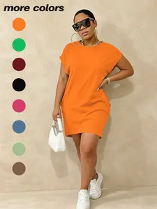 【Plus Size】 Solid Color Pocket Tee Dress, Casual Batwing Short Sleeve Round Neck Dress for Daily Wear, Women's Plus Sleepwear for All Seasons