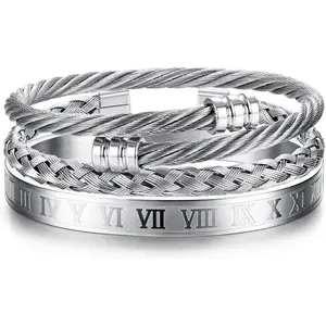 3Pcs Stainless Steel Bracelets for Men Roman Numeral Bangle Bracelet Adjustable Cuff Bracelet Twisted Cable Bracelet Mens Luxury Bracelets Jewelry Gifts Gold/Silver/Black