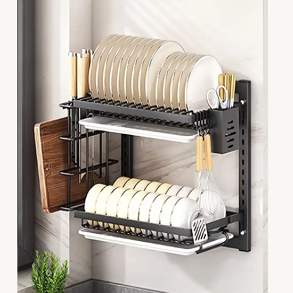 2-Tier Adjustable Wall-Mounted Dish Drying Rack, Dish Drainer with Hooks & Drain Trays - Heavy-Duty Metal Space-Saving Kitchen Organizer for Small Kitchens, Over-Sink Use, Utensil Storage, Rust-Resistant, Adhesive/Screw-Mount