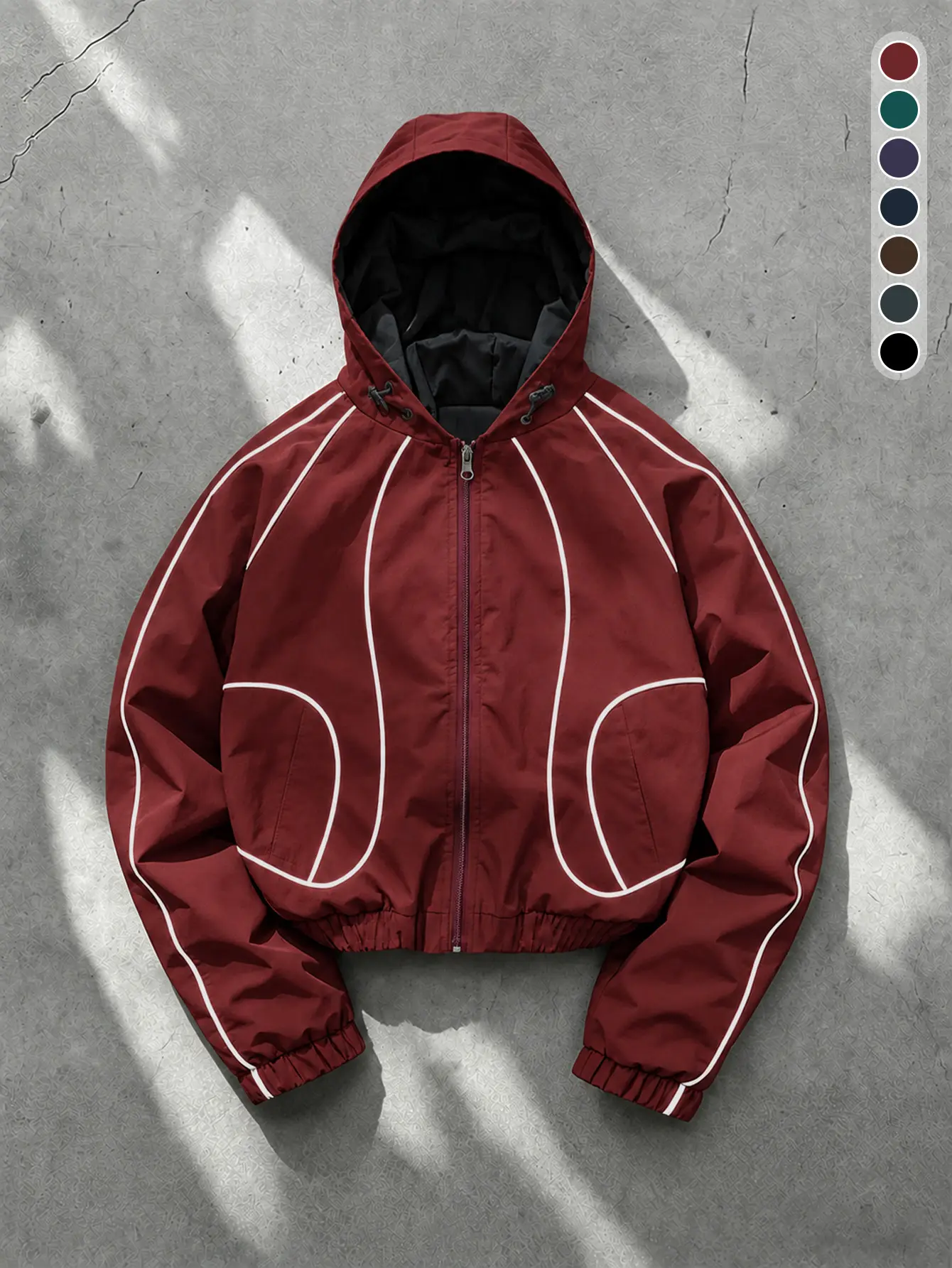 Men Hooded Windproof Cropped Jacket Full Zip White Contrast Line Decor Adjustable Drawstring Hood Elastic Cuff Outdoor Street Casual Jacket Spring Autumn Outerwear Multiple Colors