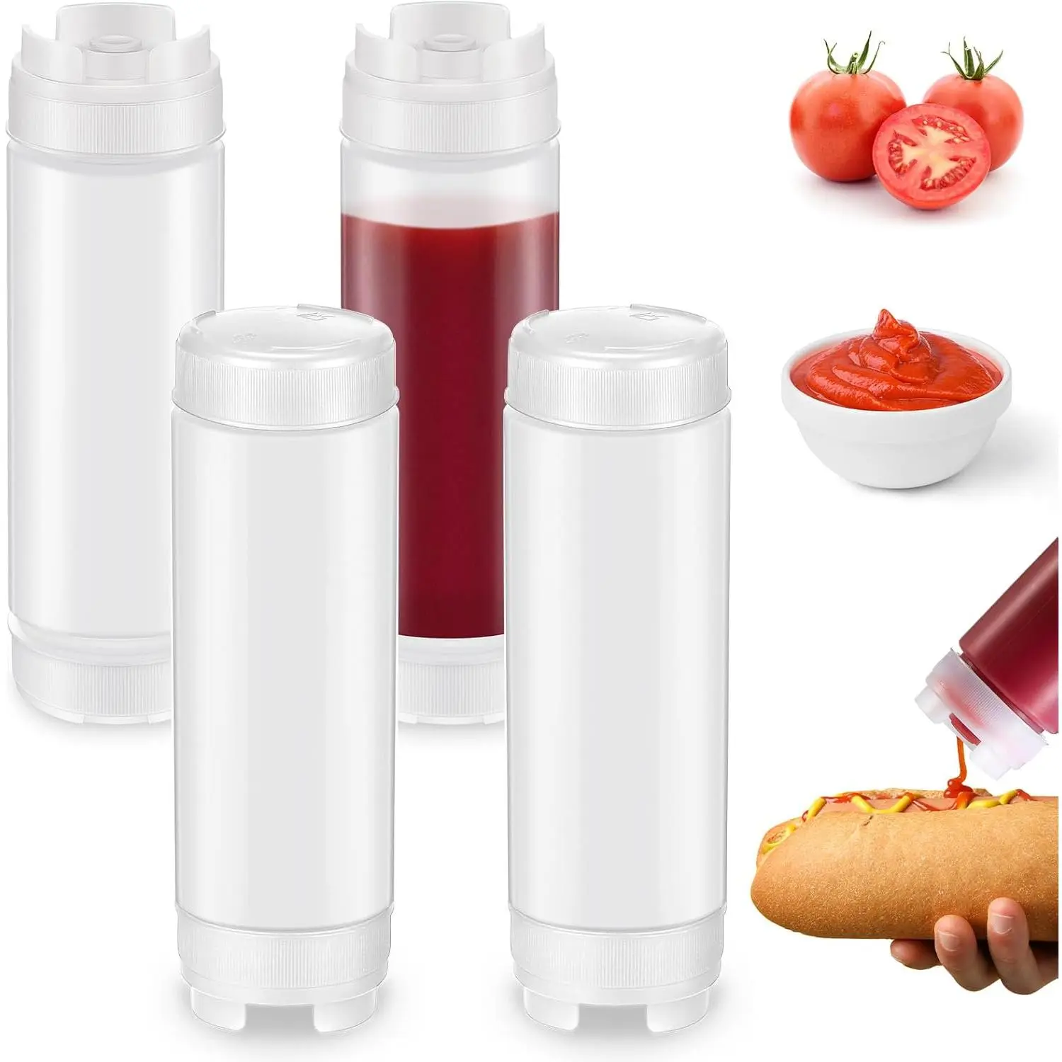 4 count Squeeze Bottles Refillable 20 oz, Inverted Plastic Tip Large Valve Dispenser Condiment Squeeze Bottle for Sauces Ketchup Sour Cream Self Sealing Syrup Dispenser for Restaurants (White)