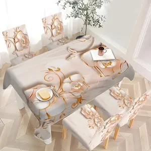 5pcs/7pcs Tablecloth & Chair Cover Set, Luxury Rose Gold Floral Printed Tablecloth and Chair Cover Combo, Stretch Chair Slipcover for Dining Table Decoration, Marble Pattern, Suitable for Dining Room / Kitchen / Banquet, 2D Flat Printing