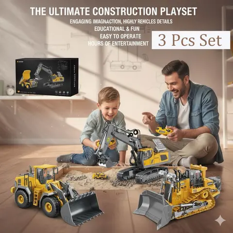 SUPERMELER Unisex Alloy-Plastic Remote Control Trucks Toy Set - 3pcs 2.4G 11-Channel Durable Vehicles (Excavator, Dump Truck, Bulldozer), Encourages Creativity, Electric Kids' Toy Includes Cells
