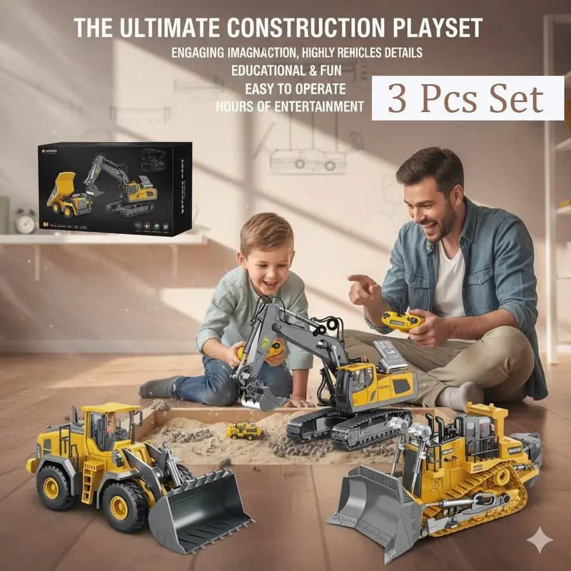 SUPERMELER Unisex Alloy-Plastic Remote Control Trucks Toy Set - 3pcs 2.4G 11-Channel Durable Vehicles (Excavator, Dump Truck, Bulldozer), Encourages Creativity, Electric Kids' Toy Includes Cells