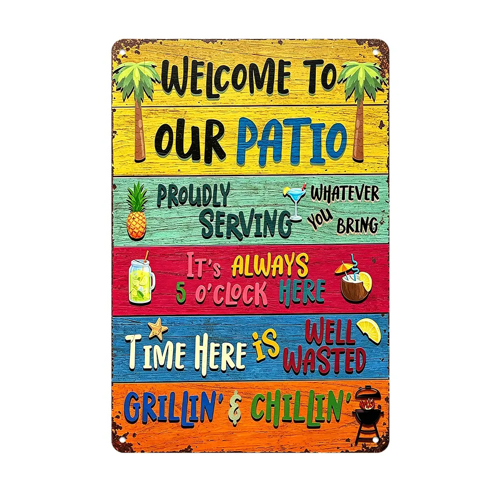 Colorful "Welcome to Our Patio" Sign 12×8 Inch Flat Aluminum Metal Sign, Tropical Beach & BBQ Theme, Indoor/Outdoor Porch & Backyard Decor, Funny Summer Party Gift, Top Selling Novelty Wall Art