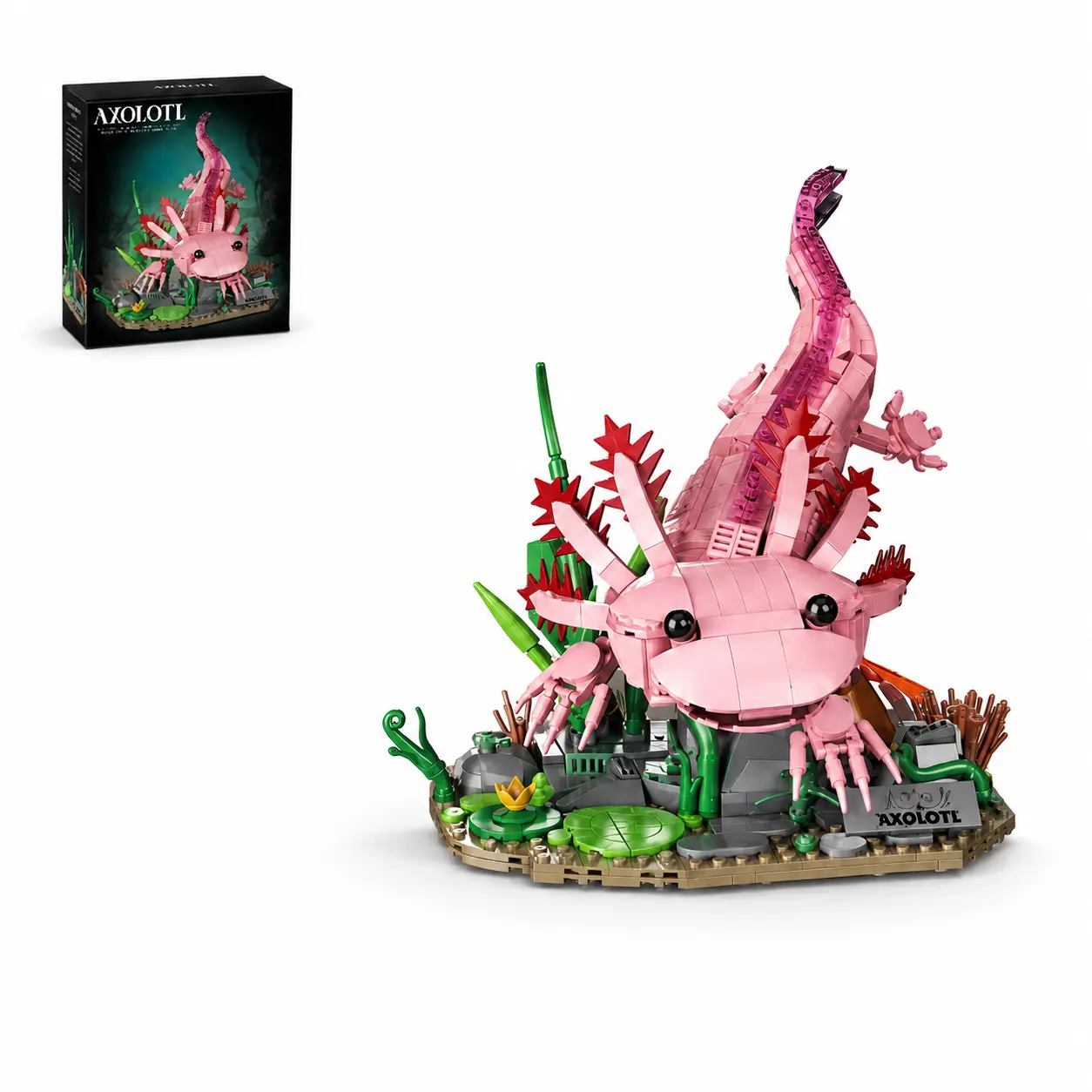 Pink Axolotl Building Block Set, 998-Piece Cute Aquatic Animal Model DIY Construction Kit, Collectible Home Office Desk Shelf Decor, Birthday Gift for Adult Building Fans