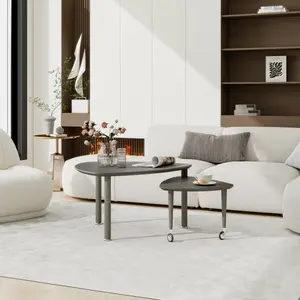 Contemporary 2-Piece Nesting Rotatable Coffee Table - 360° Swivel Top, MDF+Wood Veneer Construction, Solid Legs, 2 Sizes, Space-Saving Storage for Living Room, Home Office, Contemporary Coffee Table
