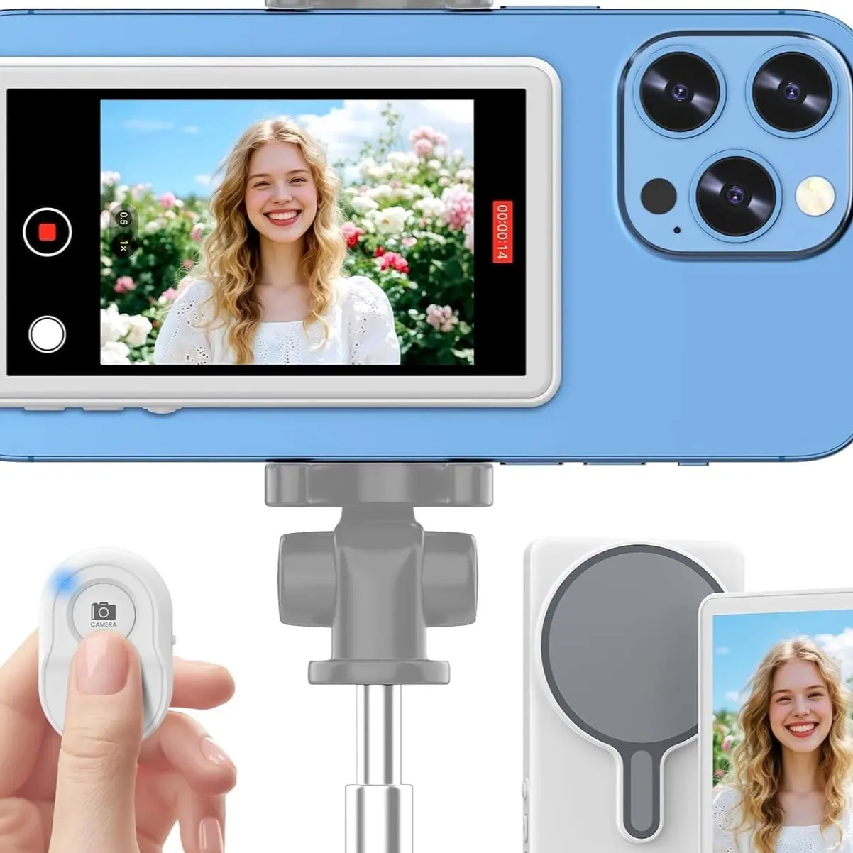 Vlog Selfie Monitor Screen iPhone, 4K 60fps Recording, Wireless Screen Mirroring with Remote Control, Magnetic Fixation, 180° Rotation, 3 Levels of Brightness, Compatible with iPhone & Android
