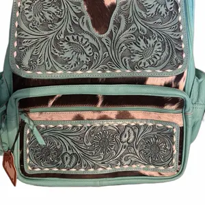 Western Tooled Turquoise Cowhide Backpack
