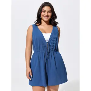 BLOOMCHIC Plus Size Cotton Pleated Open-Back Tie Romper [M–6X], 2026 Summer Vibes, Women, Solid