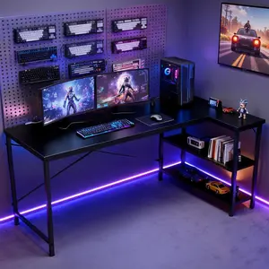 L Shaped Desk Computer Gaming Furniture with Reversible Storage Shelves for Home Office PC Table Large Workspace Robust Stability Adjustable Feet