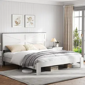 ARCH King Bed Frame Farmhouse Style, King Size Bed Frame with Solid Wood Headboard, Rustic White Platform Bedframe, King Bed Frames Sturdy Wood Slat Support Easy Assembly
