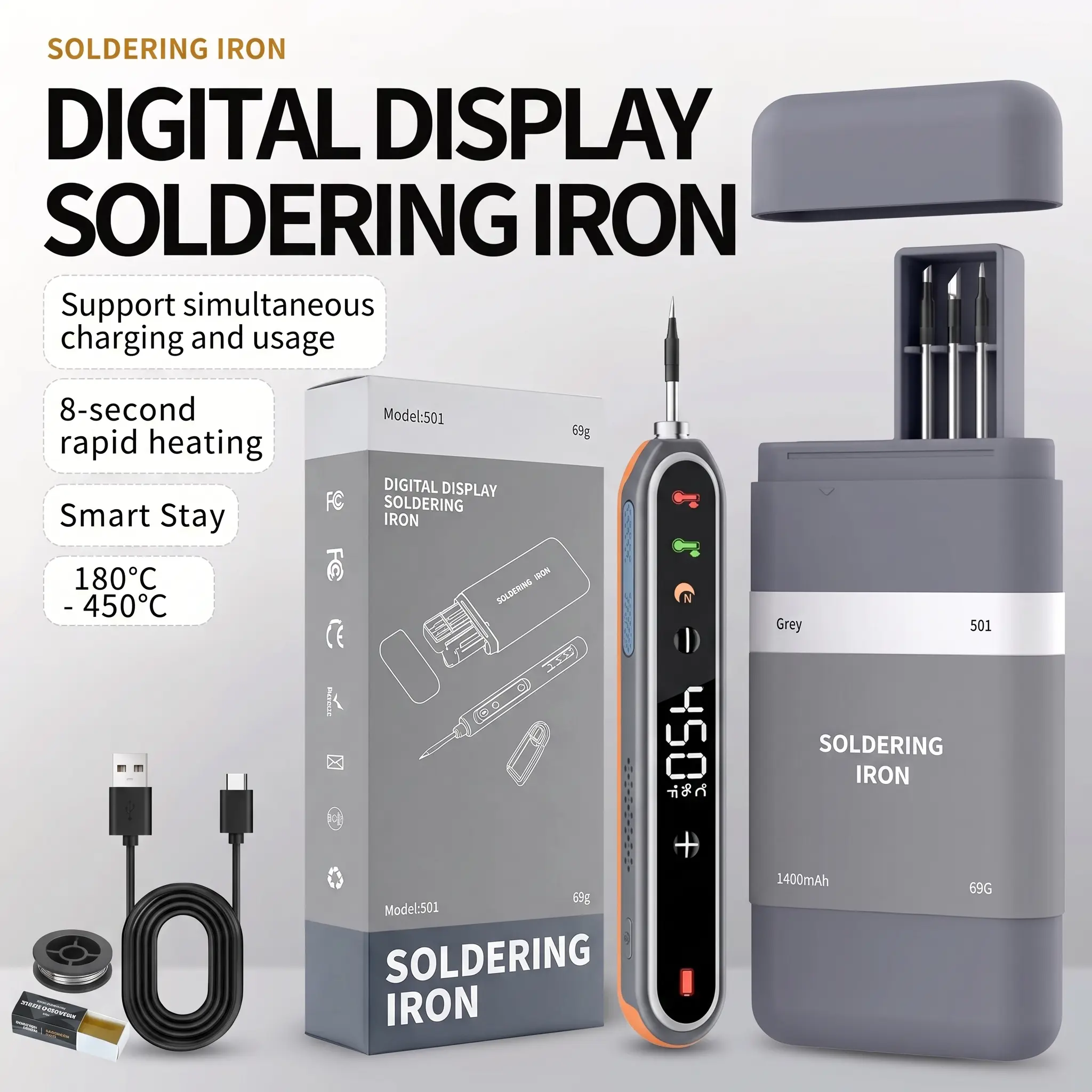 Portable Cordless Soldering Iron Kit - 8s Fast Heat-Up, 1400mAh Type-C Rechargeable, 180~450℃ Adjustable Temp, 3 Replaceable Tips, Wireless Solder Pen for Electronics, DIY Projects, Crafting, 8-Second Fast Heat-Up, Quick Heating, Cordless Design