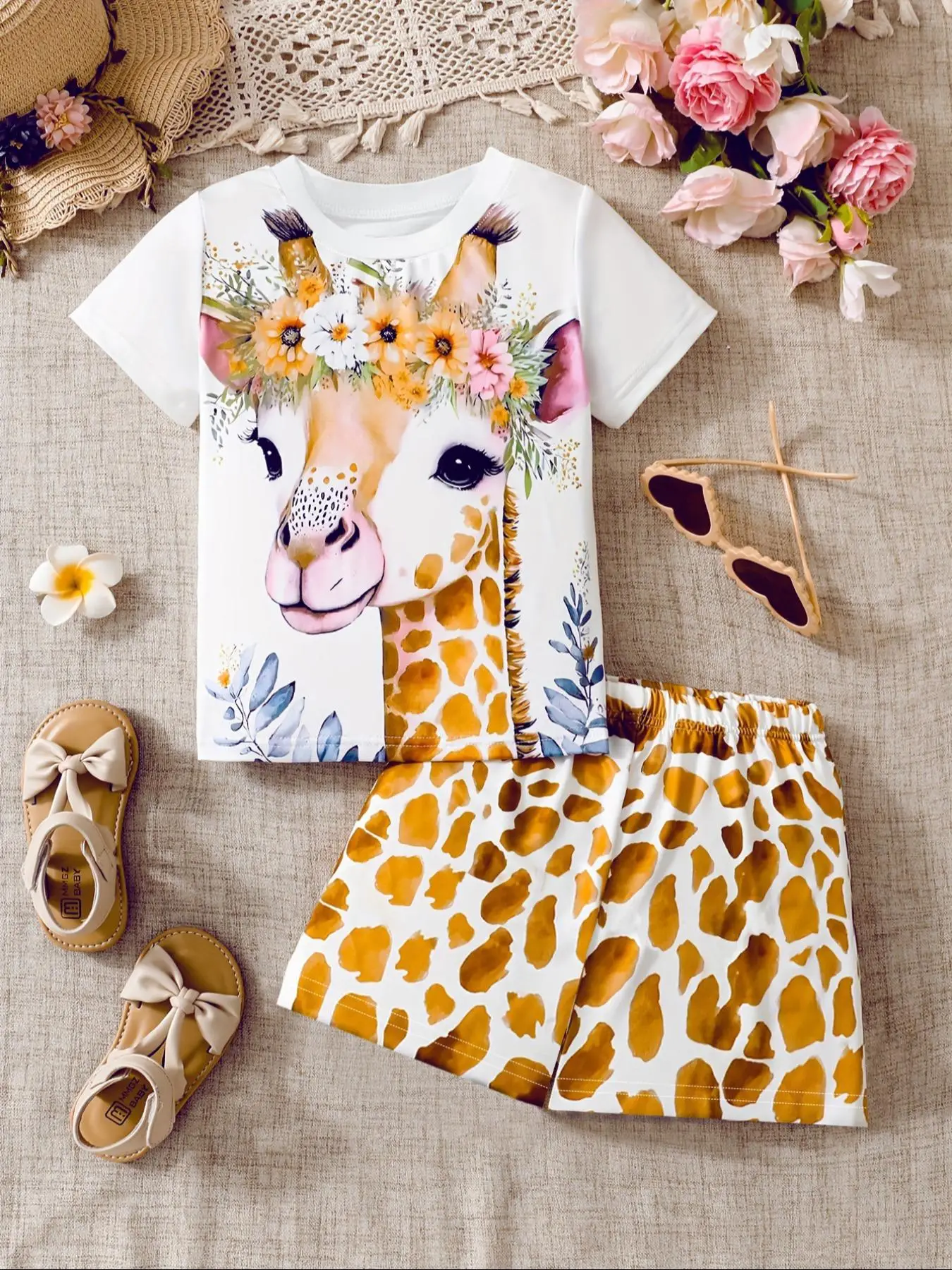 Two-piece Set Girl's Cartoon Giraffe Print Tee & Shorts Set, Casual Round Neck Short Sleeve T-shirt & Shorts for Summer, Kids Clothes for Daily Wear