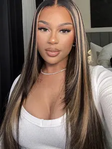 4x4 Natural Look Human Hair Natural Texture Drawstring Wig, Natural Looking Wig Adjustable Cap Size HD Lace Closure Wig Highlights TP2/27 Layered Cut Pre-Bleached Pre-Cut Lace