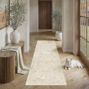 2x6 Beige Washable Runner Rug for Living Room Bedroom Neutral Soft Floral Non Slip Runner Rug Lightweight  Low Pile Distressed Runner Kitchen Hallway Bedroom