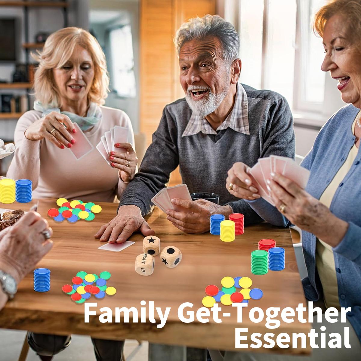 Fun Left Right Roll Dice Game Set, Include 3 1-inch Wooden Dices 48 Pcs Chips in Wooden Box, Easy to Store and Carry Around for Travel(Wood)