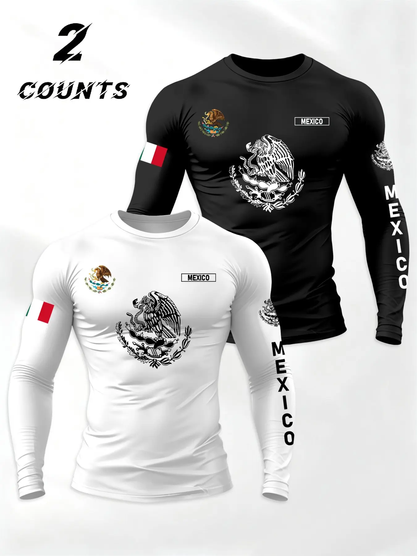 Men's 2-Piece Sportswear Set, Soft Stretch Fabric, Mexican Theme Letter Flag Print Design, Comfortable Breathable Long Sleeve T-Shirt, Athletic Sets, Breathable Sporty Outfits, Athletic Sports Clothing