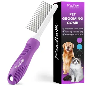 Poodle Pet Detangling Pet Comb with Long & Short Stainless Steel Teeth for Removing Matted Fur, Knots & Tangles – Detangler Tool Accessories for Safe & Gentle DIY Dog & Cat Grooming