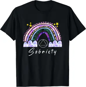 Cotton Short-Sleeve Knit Sports T-Shirt - AA Support Sobriety Focus, Casual Fit, Light Support, Comfortable Flat-Print, Rainbow Graphics for Alcoholic Abstinence