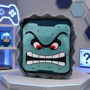Thwomp Inspired Plush Pillow, 30cm Gray Block Character Stuffed Toy, Soft Game Style Collectible Cushion, Cute Room Decor Gift for Fans