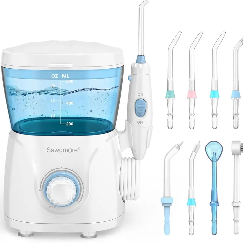 Sawgmore Water Flosser Oral Irrigator, 600 ml Large Capacity, 10 Adjustable Pressures, Electric Flosser for Teeth/Braces, 8 Home Nozzles Oral Irrigator
