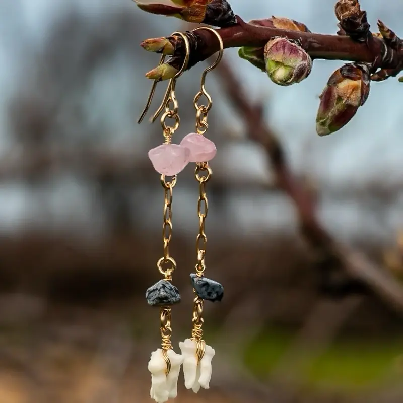Opossum Teeth Oddity Gemstone Pink Morganite and Snowflake Jasper Witchy Earrings