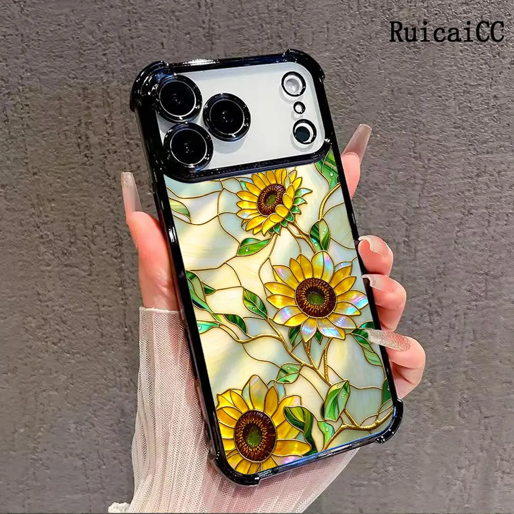 Stained Glass Sunflower Pattern Four Corner Anti-Fall Phone Case Transparent Electroplated Protective Cover for iPhone 17 Pro Max 16 Air 15 Plus 14 13 12 11 Samsung Galaxy S26 S25 S24 S23 S22 FE Plus Ultra