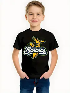 Boy And Girl Summer New Short-Sleeved Round-Neck T-Shirt "Savannah Bananas" - A Printed Shirt With The Savannah Banana Team Design. Trendy, Unique, Casual And Fashionable Children's Clothing For Daily Use And Outdoor Activities, Highly Versatile.