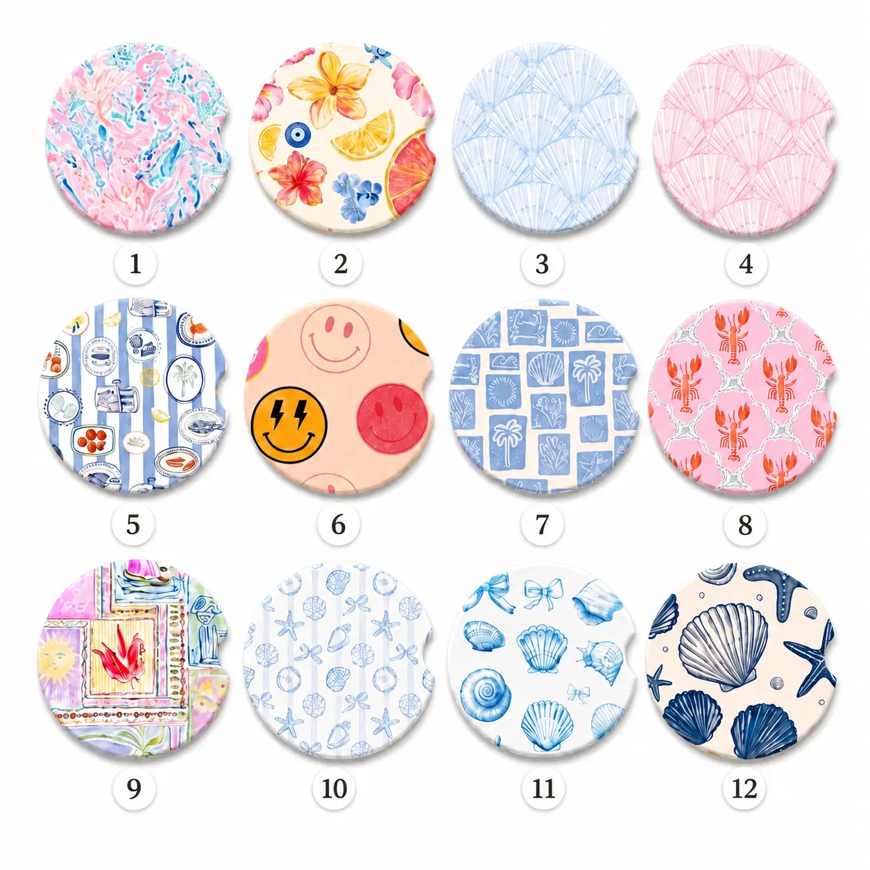 Coastal Car Coasters Set, Preppy Summer Cup Holder Coasters, Pink Blue Beach Car Accessories, Floral Citrus Shell Ceramic Car Coasters, Gift for Her