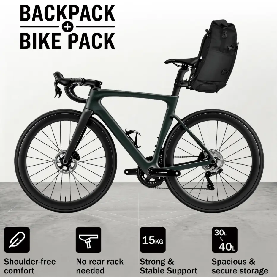 EasiCyco Rack-Free Floating Bike Backpack, Extra-large 40L Shoulder-Free Comfort Cycling Roll-Top Commuter Bag, Ebike Bag Bike Trunk Pannier Saddle Seat Carrier, Waterproof with Rain Cover - For Commuter Travel Outdoor - Black & White