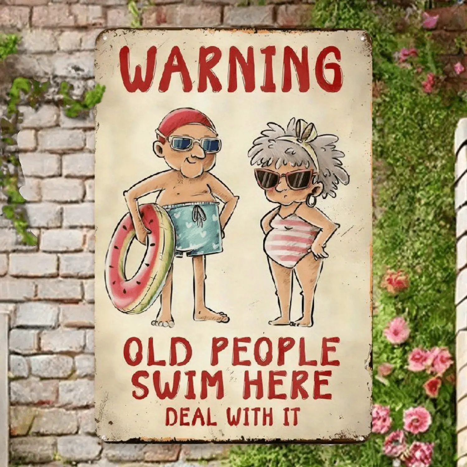 Fun Old Man Swimming Here Metal Pool Sign Rustic Wall Art for Home Bar MenS Cave or Pool House Decor Indoor Outdoor Use Playful Vintage Design
