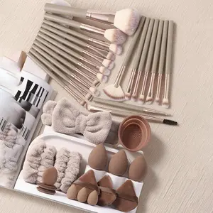 Flawless 36PCS Multi-Functional Cosmetic Tool Kit - 20Pcs Full-Face Brushes, 6Pcs Blending Sponges, 3Pcs Triangle Powder Puffs, 3Pcs Mini Cushion Setting Puffs, 1Pc Hairband, 2Pcs Hand Bowl Straps, 1Pc Brush Cleaning Tool