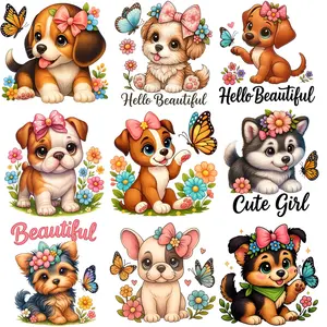 9PCS DIY ironing applique patch,  Cute Dogs With Flowers And Butterflies , Easy Heat Transfer for Clothing, T-Shirts, Jeans, Backpacks, Hats & Pillows, Durable Washable Stickers Perfect for Casual Style, Ideal Gift for Women and Men.