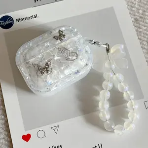 Luxury Shell Texture Metal Butterfly Protective Cover for Airpods 4 Pro 2nd 1 2 Apple AirPods 3 Earphone Box with Pearl Pendant Audio Case