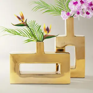 Z Gallerie Miami Gold Vase, Home Decorative Vase or Sculptural pieces for Living Room Office Room Flowers Peonies Ceramic Ornaments Decoration Design Dining Table Centerpiece