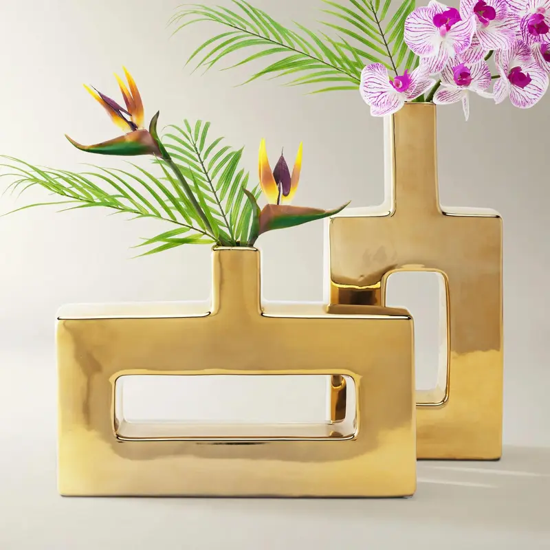Z Gallerie Miami Gold Vase, Home Decorative Vase or Sculptural pieces for Living Room Office Room Flowers Peonies Ceramic Ornaments Decoration Design Dining Table Centerpiece Modern Plant Vase,summerwins