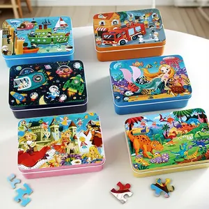 1 box with 100 pieces of iron boxed wooden puzzles, Montessori Puzzles Gift, kids' toys, dinosaurs, wooden early childhood education enlightenment puzzles, parent-child interactive toys, Christmas and Halloween