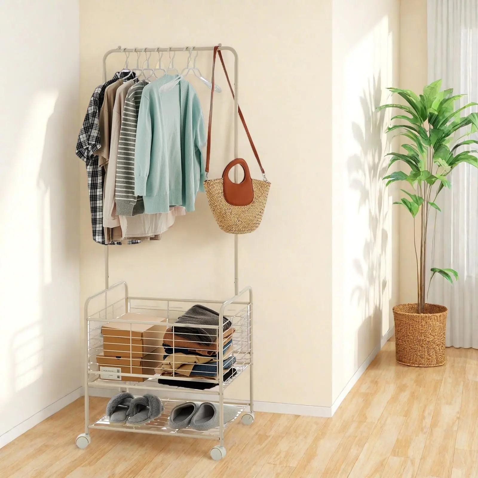 【GARVEE】Laundry Cart with Hanging Rack, Metal Rolling Laundry Hamper with Storage Basket and Shelf, Clothes Storage Organizer with Wheels for Small Spaces Apartment, Beige