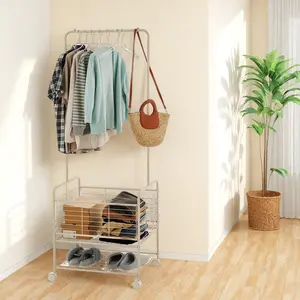 【GARVEE】Laundry Cart with Hanging Rack, Metal Rolling Laundry Hamper with Storage Basket and Shelf, Clothes Storage Organizer with Wheels for Small Spaces Apartment, Beige