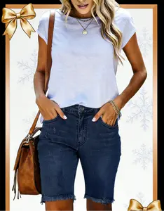 Women's Retro Denim Capris Multi Wash Slim Fit Distressed Detail Soft Fabric Winter Layering TikTok Trendy Casual Wear HighWaisted Stretchy Breathable Fabric Holes Pockets Machine Washable Jean Ripped Shorts Basic Minimalist Bottom Pant fashion  deals