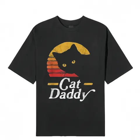 Men's Vintage Short-Sleeve Round Neck Distressed Cat T-Shirt - 80s Retro Style, Love-Themed Father's Day Gifts, Casual Summer Outdoor Top
