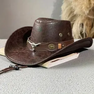 [Faux Leather Cowboy Hat] Unisex Faux Leather Cowboy Hat - Wide Brim Sun Protection, Lightweight, Stripe Craftsmanship, No Feathers, Dry Clean - 100% Faux Leather, Western Tibetan Style with Airplane Box Hard Support Packaging